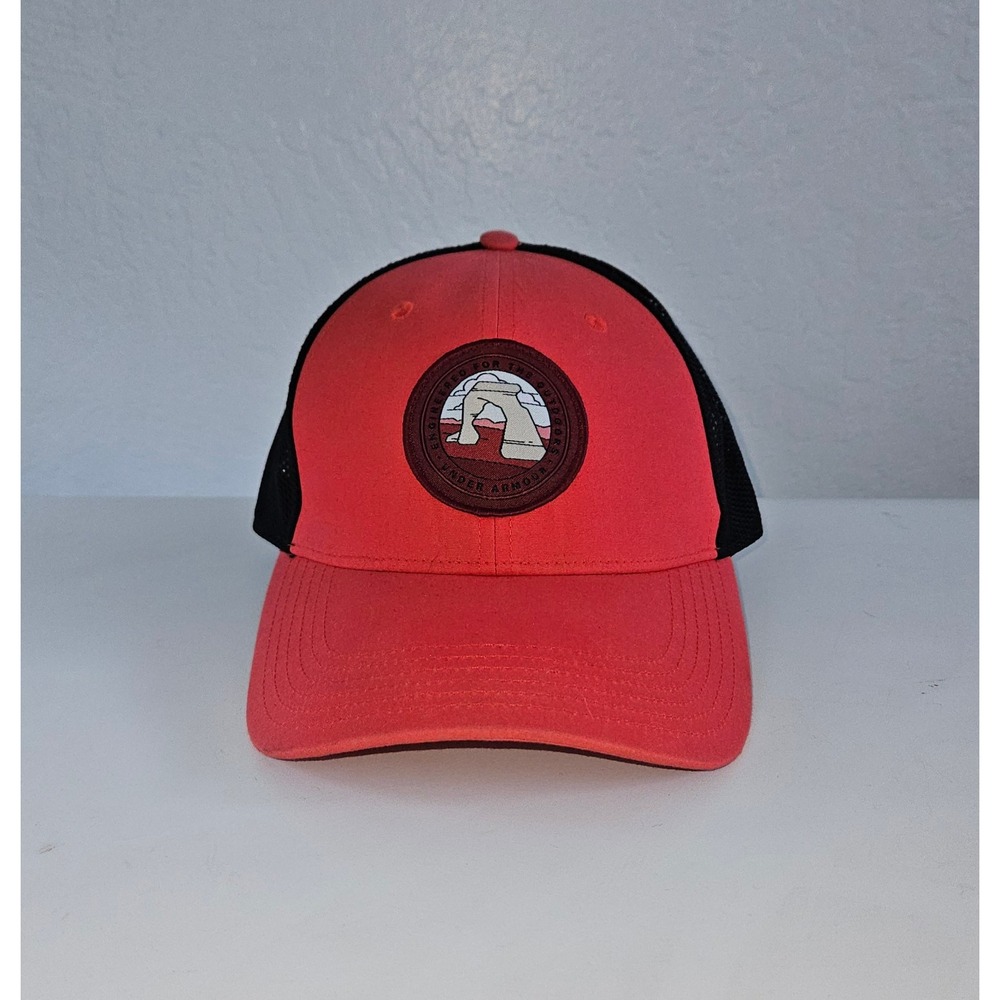 Under Armour Arches National Park Trucker Hat One Size Coral Red Black Mesh Cap